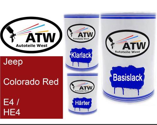 Jeep, Colorado Red, E4 / HE4: 500ml Lackdose + 500ml Klarlack + 250ml Härter - Set, von ATW Autoteile West.